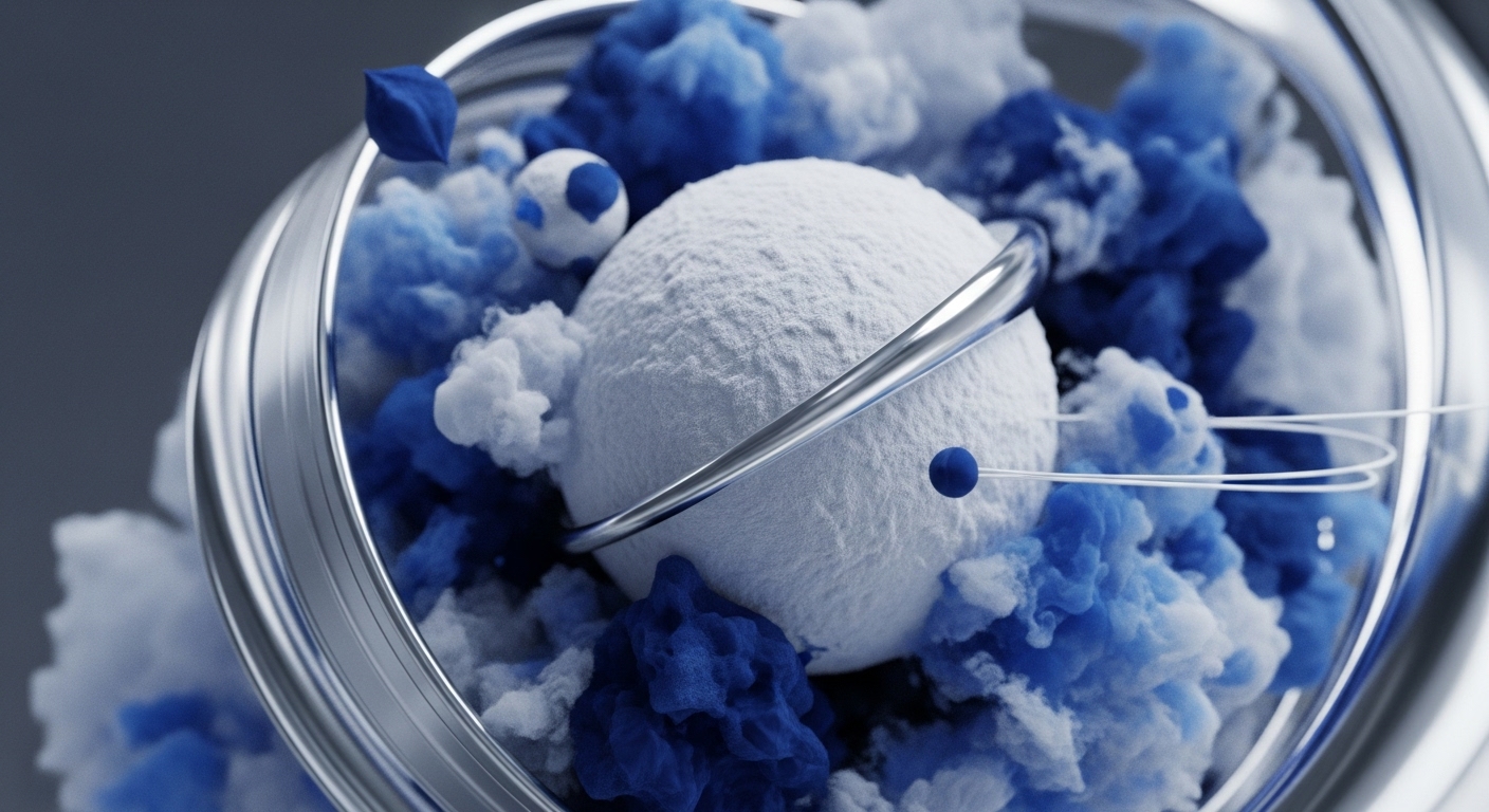 A prominent, textured white sphere, resembling a celestial body, is centrally positioned, encircled by a reflective silver ring and delicate white orbital lines. Surrounding this core are voluminous, cloud-like formations in varying shades of blue and white, along with smaller blue spheres and a distinct blue cube, all contained within a larger, reflective metallic structure