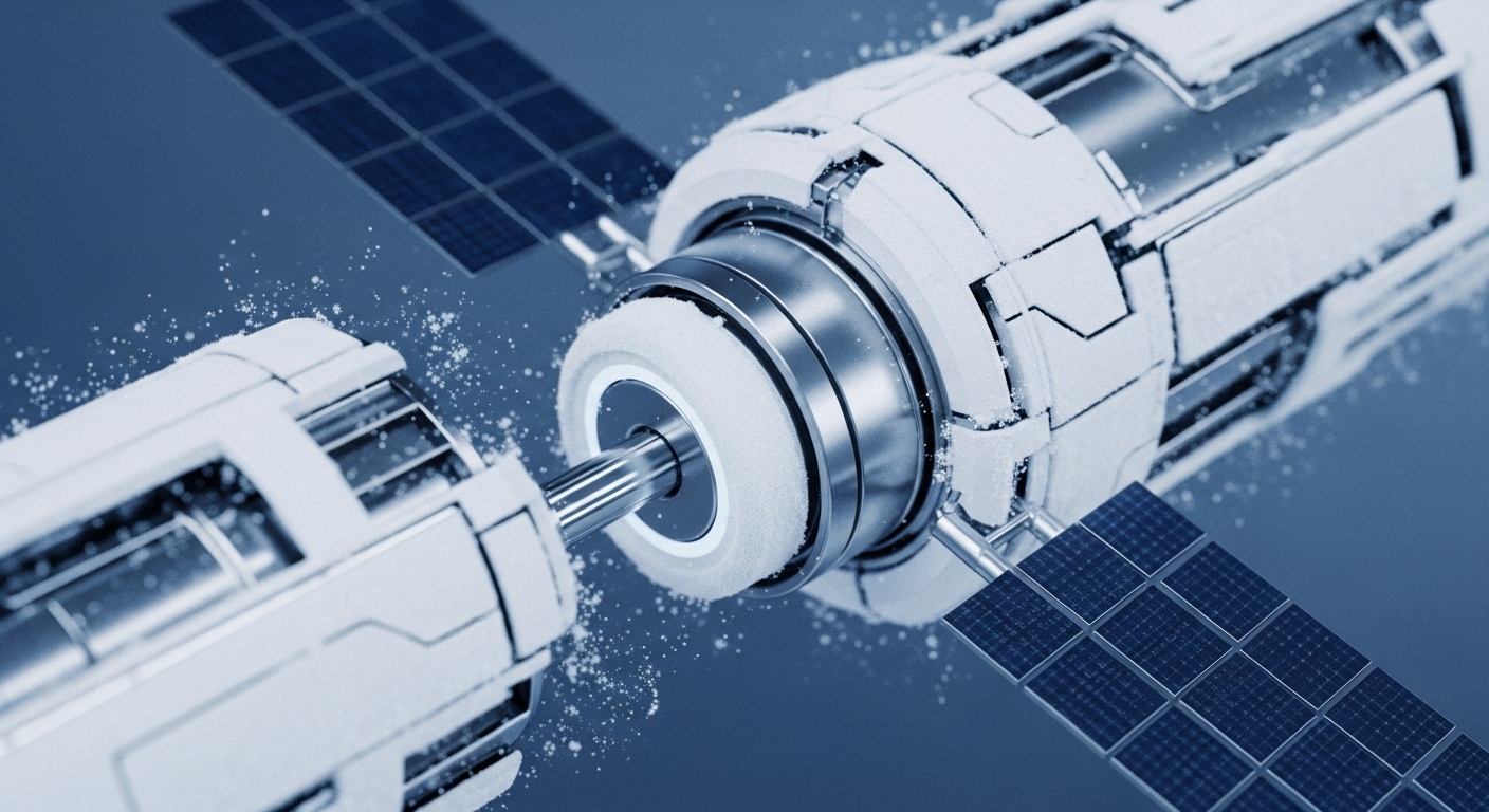 A futuristic, monochromatic blue-grey scene depicts two robust, white cylindrical modules actively connecting, generating a flurry of fine particles. This visual metaphor illustrates a critical blockchain interoperability event, possibly a cross-chain bridge protocol initiating an atomic swap. The precise alignment signifies smart contract orchestration ensuring network integrity and secure data transfer across distinct distributed ledger technology DLT environments. Nearby, solar panel arrays hint at sustainable proof-of-stake PoS consensus mechanisms powering this decentralized finance DeFi infrastructure. The intricate connection represents a vital protocol upgrade or layer-2 scaling solution deployment, enhancing overall decentralized application dApp functionality.