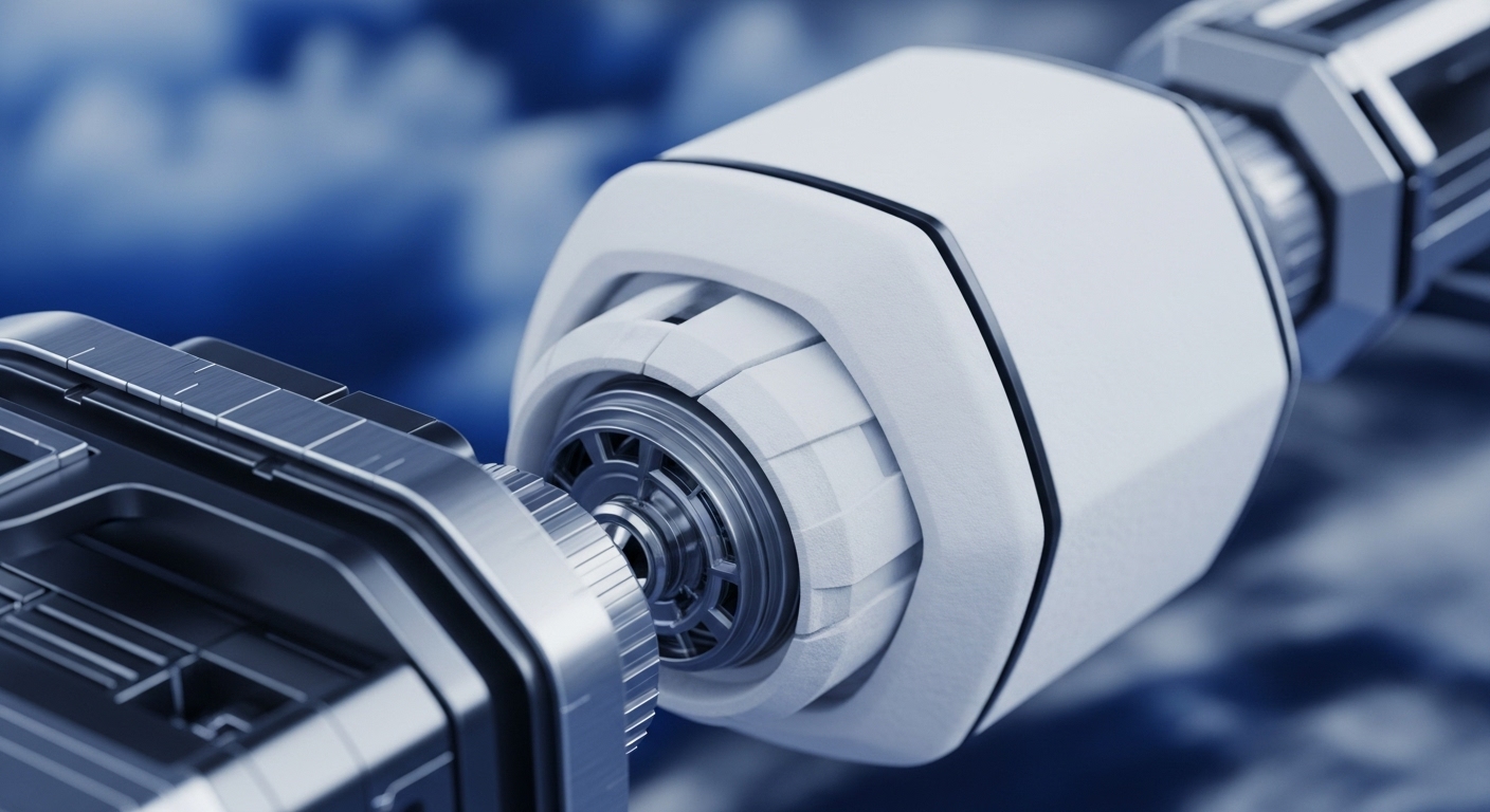 A close-up view features two distinct, highly engineered components poised for connection against a blurred, deep blue backdrop. The right module, predominantly white with hexagonal facets, presents a complex internal mechanism, suggesting a modular blockchain architecture. Its counterpart on the left, rendered in brushed silver, exhibits intricate detailing and precise alignment. This visual metaphor illustrates critical blockchain interoperability challenges and solutions, emphasizing secure cross-chain bridge mechanisms. The scene evokes the seamless protocol integration essential for robust Web3 infrastructure and efficient distributed ledger technology synchronization.