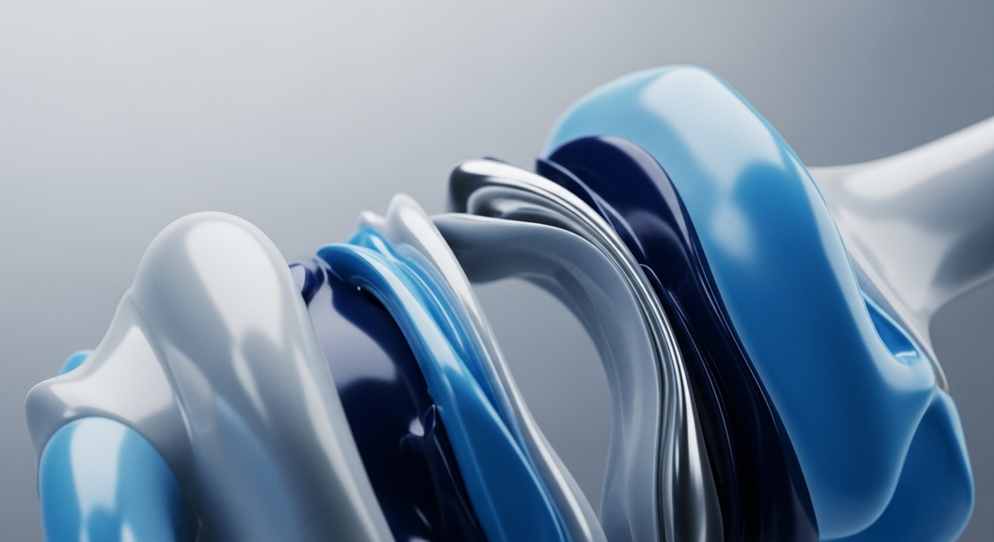 The image displays smooth, glossy, intertwined abstract forms rendered in a palette of white, light blue, dark blue, and silver, set against a soft grey background. These dynamic, flowing shapes create a sense of interconnectedness and layered complexity