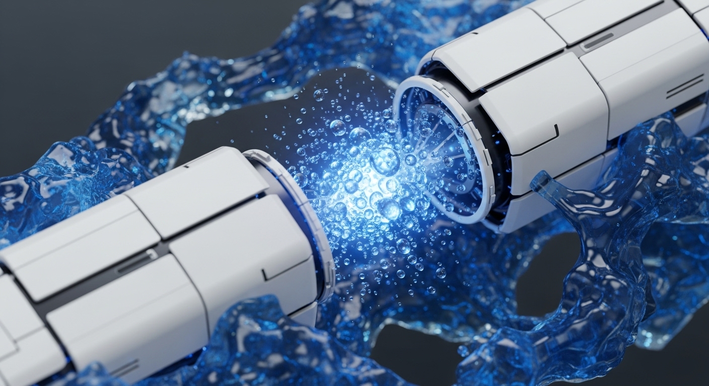 Two white, futuristic modular units, resembling blockchain infrastructure components, interact within a dynamic, translucent blue medium. A brilliant blue energy field, bursting with luminous bubbles, signifies robust data packet transfer between them, emblematic of a high-speed data oracle feed