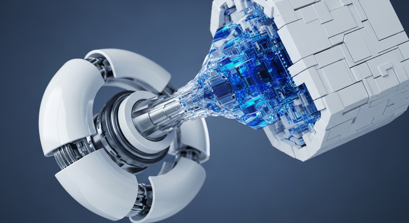 A sleek, multi-segmented white and metallic processing unit on the left receives a concentrated blue, crystalline energy flow from a white, block-patterned modular component on the right. The stream appears to be a conduit for high-speed, secure information transfer