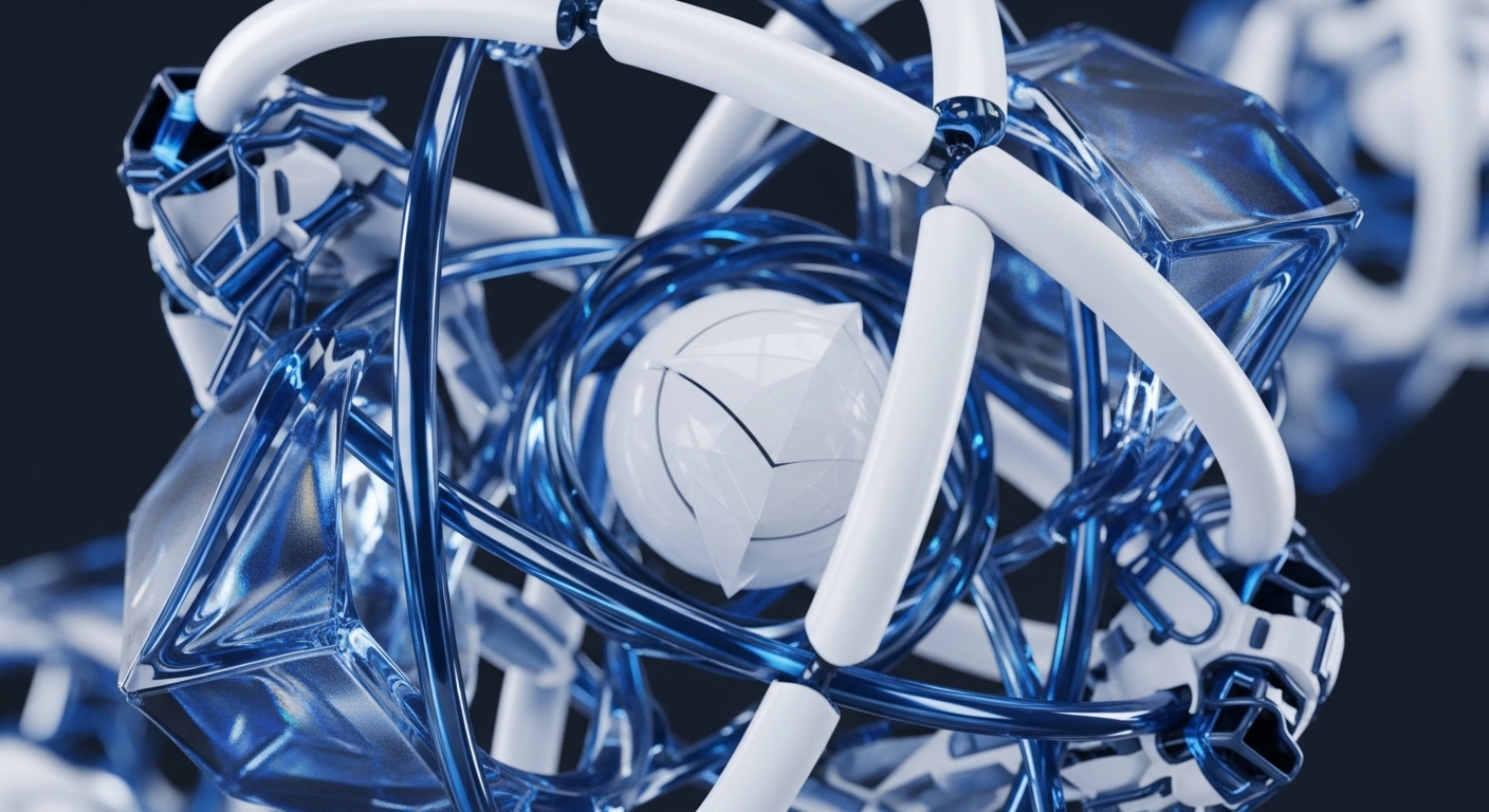 The image presents an intricate 3D abstract composition featuring interwoven white and blue geometric structures. A central white, multifaceted sphere is encircled by transparent blue elements and interconnected by opaque white tubes, set against a dark background