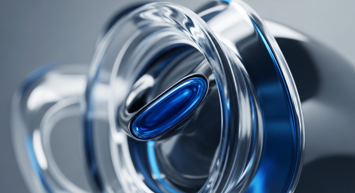 The image displays an intricate abstract composition featuring highly reflective, transparent, and metallic blue elements intertwined against a soft grey background. A prominent, polished blue oval forms the focal point, surrounded by twisting, translucent bands that create a sense of dynamic depth and interconnectedness