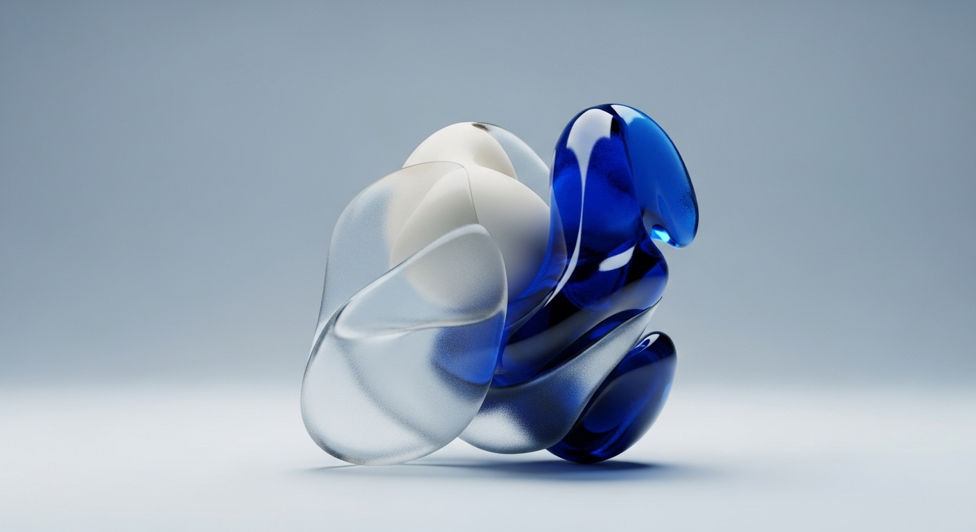 The image displays an abstract, three-dimensional sculpture composed of smoothly contoured, interweaving shapes. It features opaque white, frosted translucent, and reflective deep blue elements arranged dynamically on a light grey surface