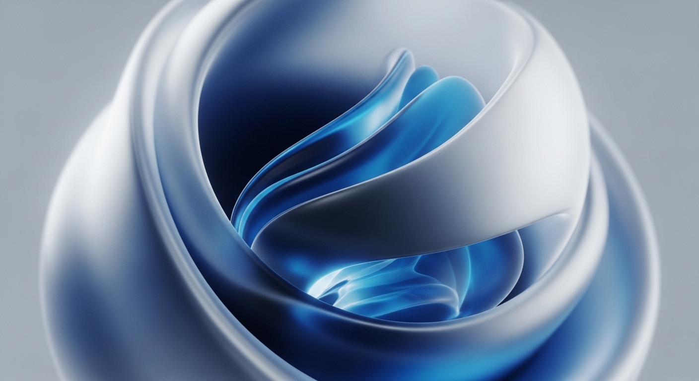 The image displays abstract, layered forms composed of smooth, matte white and vibrant, glowing blue elements. These forms interweave and overlap, creating a sense of depth and dynamic movement, with the blue elements appearing to emanate light from within a central core
