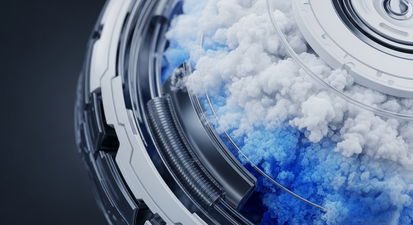 A futuristic, intricate mechanical structure, composed of metallic rings, springs, and layered elements in white, silver, and dark grey, encloses a vibrant, gradient cloud-like substance. This substance transitions from dense white at the top to deep blue at the bottom, suggesting dynamic movement within the core