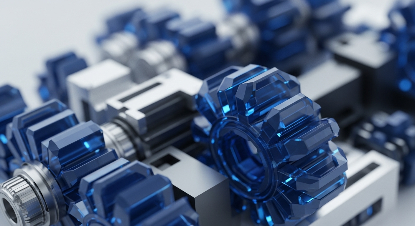 A close-up view reveals multiple translucent blue gears meshing with silver metallic components, forming an intricate mechanical assembly. The blue gears, with their faceted surfaces, suggest advanced digital processes and programmatic logic