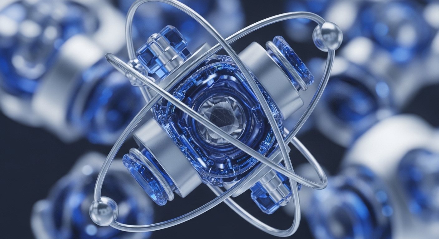 A complex metallic and translucent blue geometric structure dominates the foreground, featuring multiple silver orbital rings with spherical nodes. In the background, similar out-of-focus structures suggest a broader interconnected system