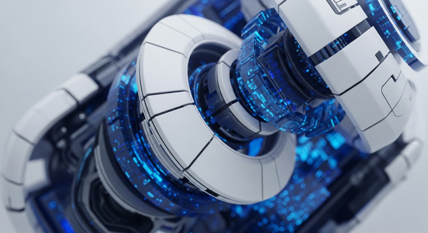 A close-up shot reveals a futuristic, intricate mechanical device, predominantly white with glowing blue internal components. The structure features segmented outer rings and a transparent central core filled with luminous blue digital patterns