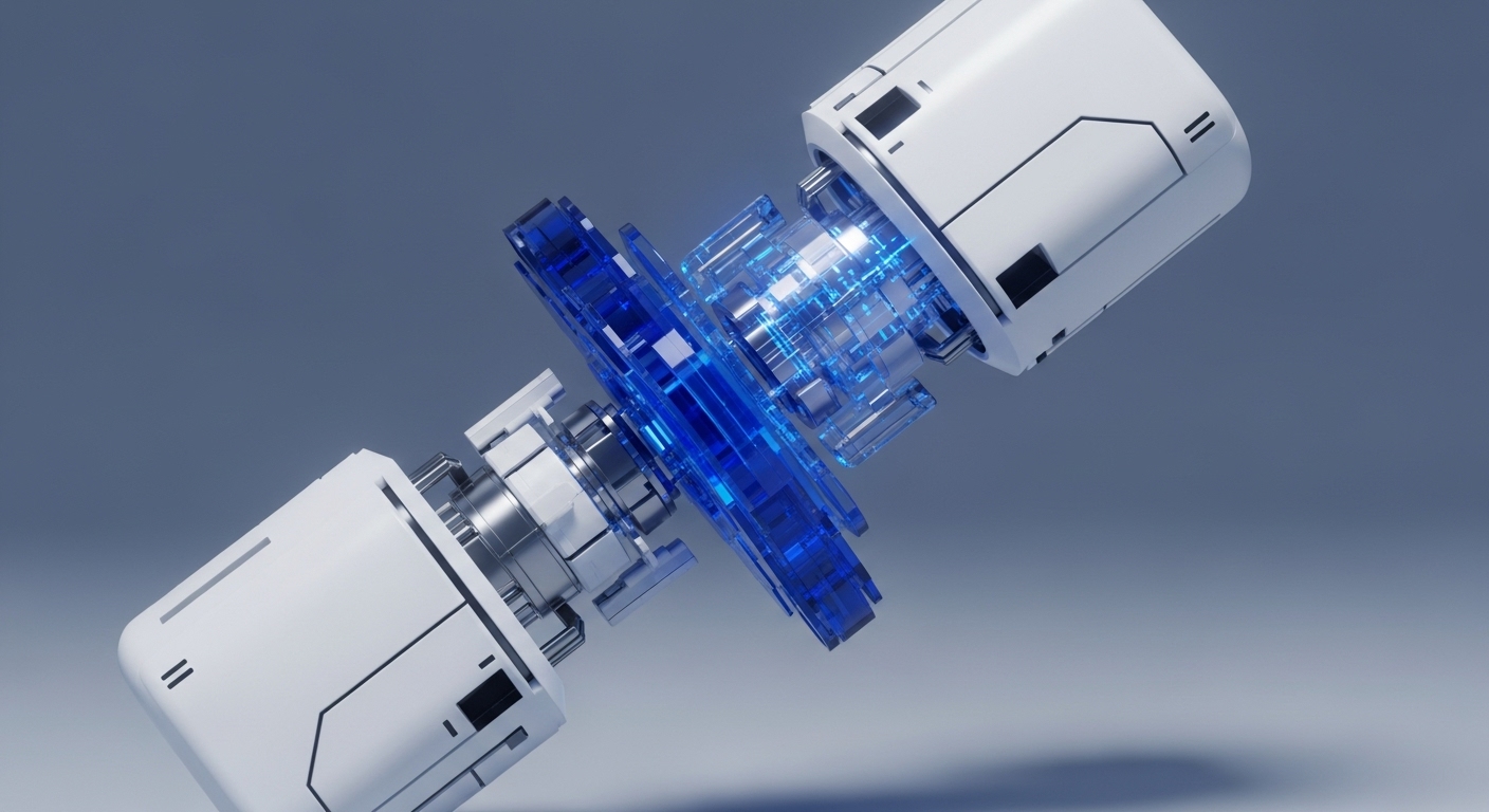 A high-tech rendering displays two futuristic white modules joined by a complex, glowing blue internal mechanism. The central structure features transparent and metallic components, emitting a radiant blue light against a clean, muted background