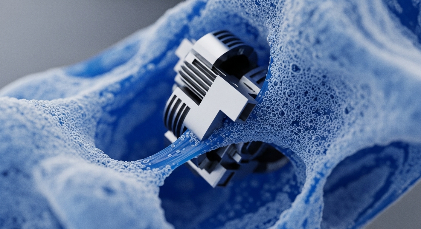 A complex, silver-toned mechanical component is situated within a textured, deep blue substrate, from which a vibrant blue fluid stream flows. The surrounding blue material is covered in countless small, luminous bubbles