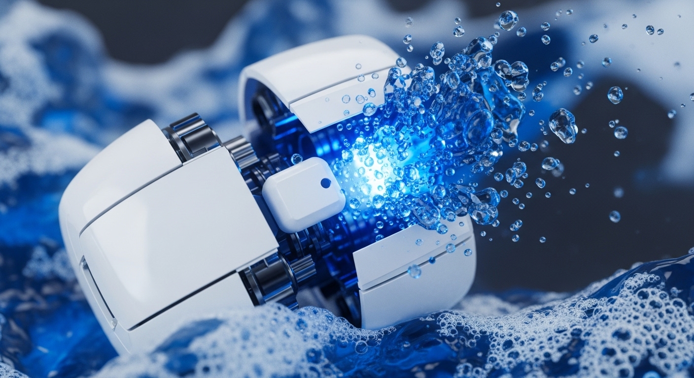 A white, modular device, resembling an advanced hardware wallet or a decentralized oracle mechanism, is partially submerged in a bubbly blue liquid, actively emitting glowing blue light and water splashes from its central processing unit. This visually represents the dynamic operations of a high-performance blockchain node