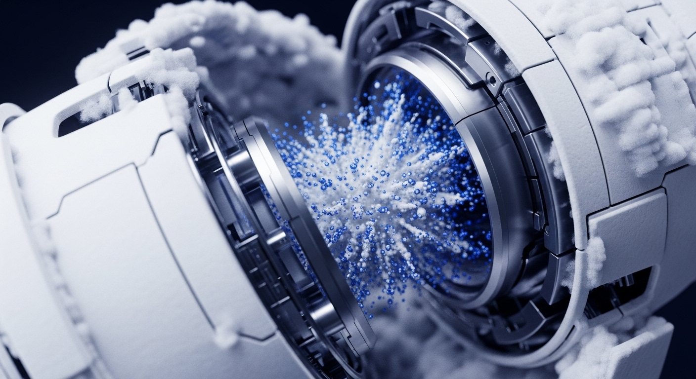 A gleaming, futuristic modular device, encrusted with frost, splits open to reveal an internal core emitting a vibrant burst of blue and white particles, symbolizing intense computational activity. This powerful imagery can represent a critical component of Web3 infrastructure, perhaps a blockchain node undergoing significant transaction validation or a decentralized network processing a complex consensus mechanism