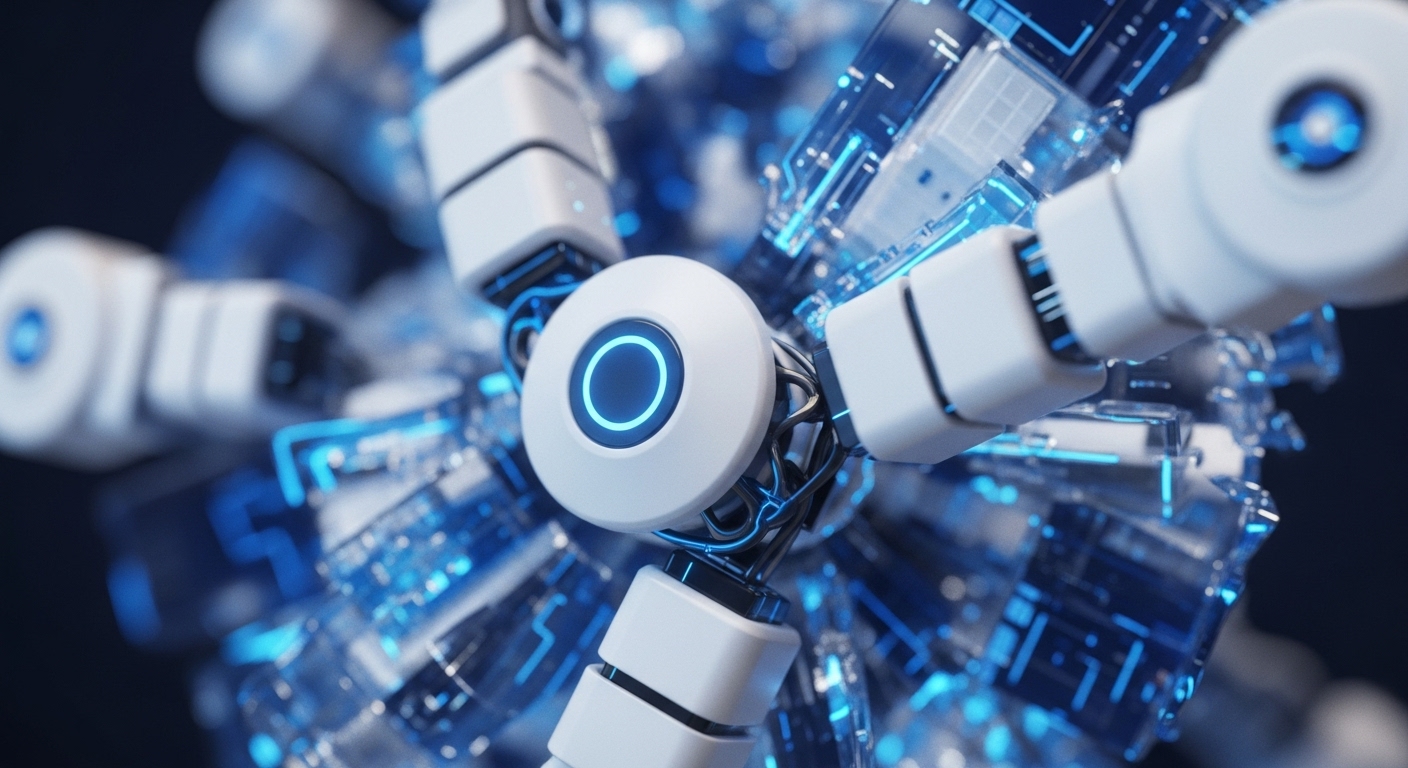 A sophisticated, abstract rendering features a central white circular component emitting a bright blue glow, surrounded by multiple articulated white robotic segments. These elements are intricately woven into a backdrop of transparent, crystalline structures showcasing vibrant blue illuminated circuit pathways, creating a sense of deep technological complexity