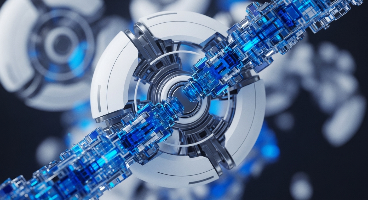 A central, highly detailed white and metallic spherical mechanism forms the core of a dynamic system, with a glowing blue, structured data stream passing through its center. The background features similar out-of-focus elements, suggesting a broader network of interconnected components