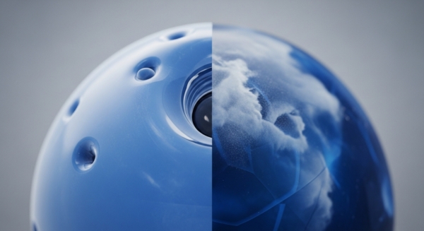 A bisected sphere contrasts a digital system's exterior and interior. The left half features a smooth, light blue surface with engineered indentations, resembling validator nodes or smart contract entry points. The right half reveals a translucent, darker blue interior, where white cloud-like structures, representing dynamic on-chain data processing and transaction throughput, swirl within a complex network architecture. A central dark aperture suggests an oracle or core execution environment, illustrating DLT protocol layers.