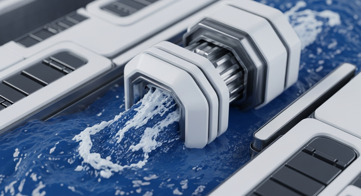 A futuristic white and dark gray modular unit is partially submerged in a vibrant blue liquid, with a powerful stream of foamy water actively ejecting from its hexagonal opening. The surrounding liquid exhibits a dynamic, wavy surface, suggesting constant motion and energy within the system