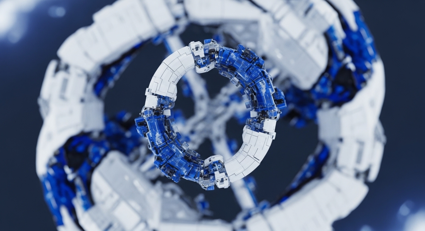 The image displays an intricate, toroidal mechanical structure composed of numerous interlocking segments. Predominantly white and transparent blue, these segments form concentric rings, revealing complex internal mechanisms