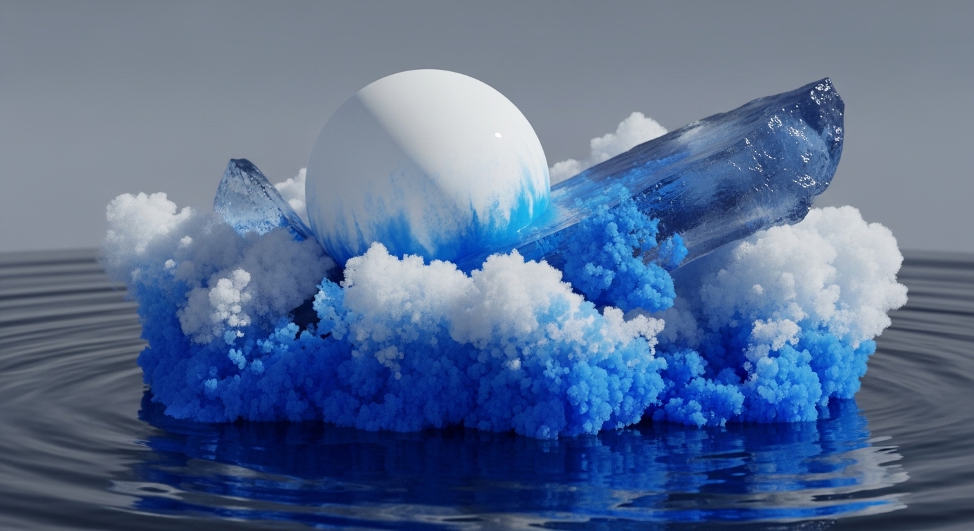 A pristine white sphere, its lower half transitioning into a vibrant blue gradient, rests centrally amidst a formation of granular white and blue material, accompanied by a large translucent blue crystal shard. This entire arrangement floats on a dark, rippled water surface, creating a serene yet dynamic visual