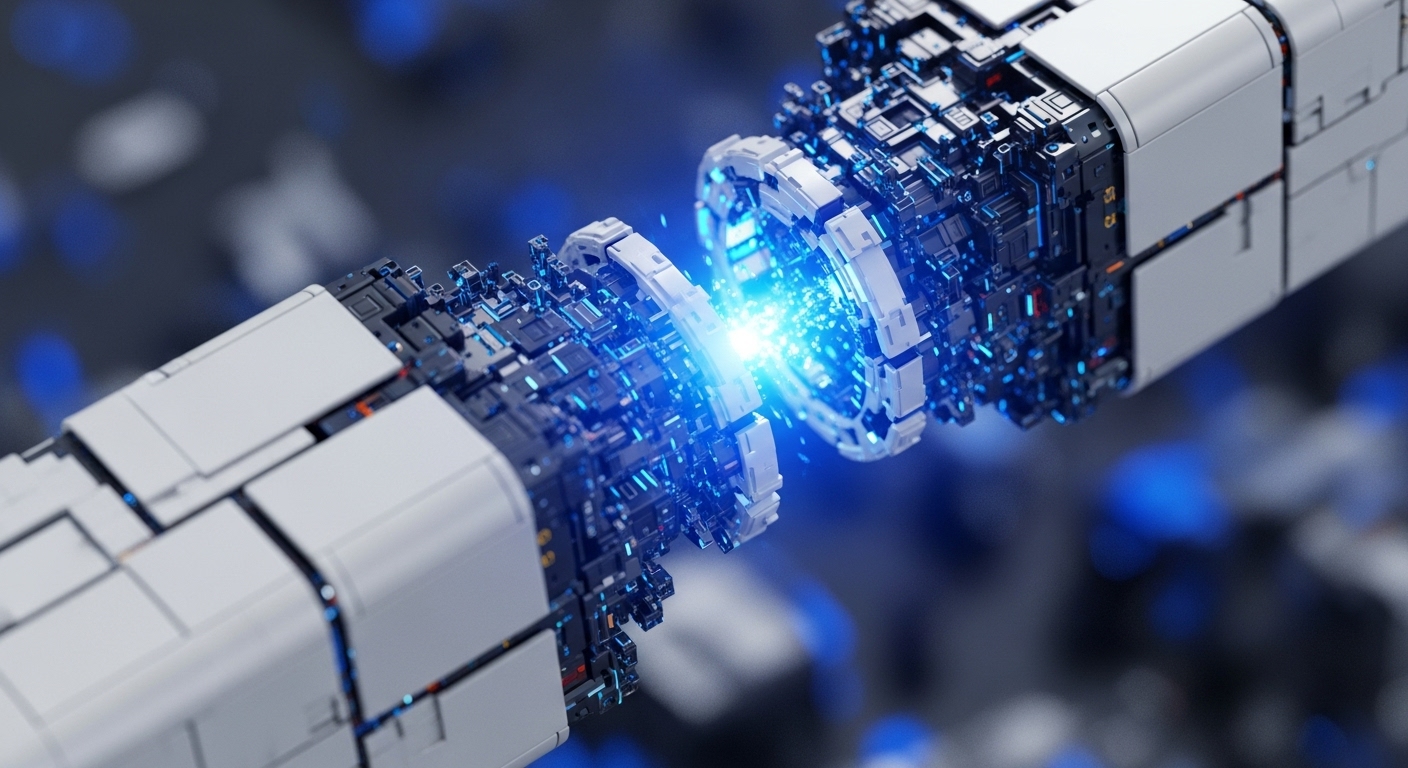 A close-up view reveals two complex, futuristic mechanical components connecting, generating a bright blue energy discharge at their interface. The structures feature white and grey outer plating, exposing intricate dark internal mechanisms illuminated by subtle blue lights and the central energy burst