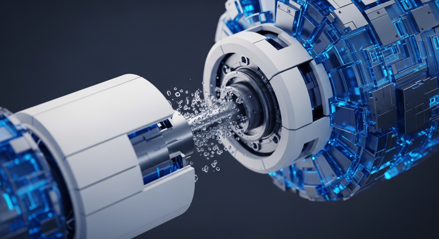Two advanced cylindrical mechanical components are depicted in a state of precise connection or interaction against a dark, minimalist background. The components are primarily white and silver, featuring prominent blue glowing elements and intricate internal structures, with a dynamic burst of liquid-like particles emanating from their central junction