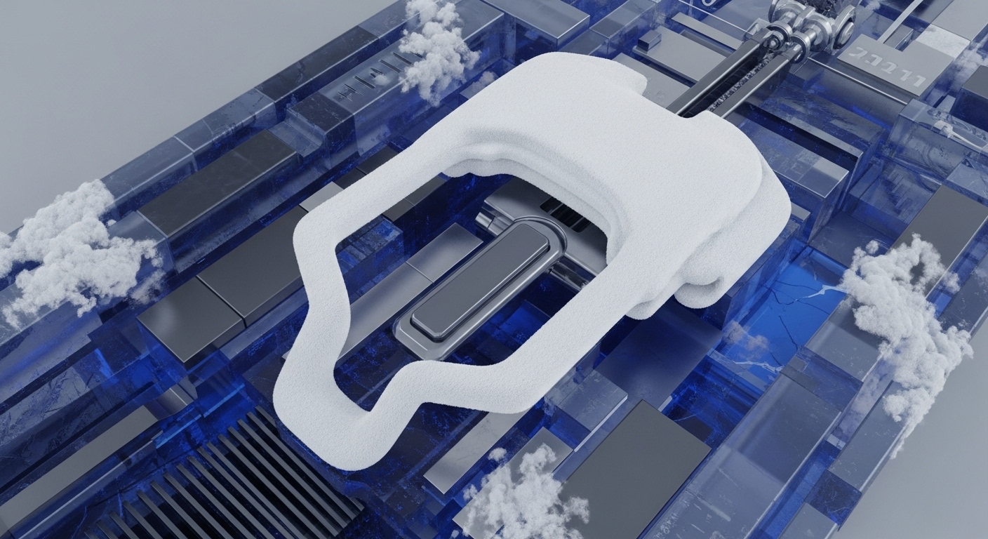 The image displays a prominent white, textured component moving across a sophisticated digital architecture. This structure comprises translucent blue segments, resembling data conduits, alongside metallic blocks