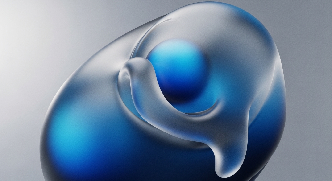 A luminous, translucent blue-grey amorphous structure elegantly envelops a vibrant, solid blue sphere, set against a subtle gradient background. The flowing, organic forms create a sense of depth and protection around the central element