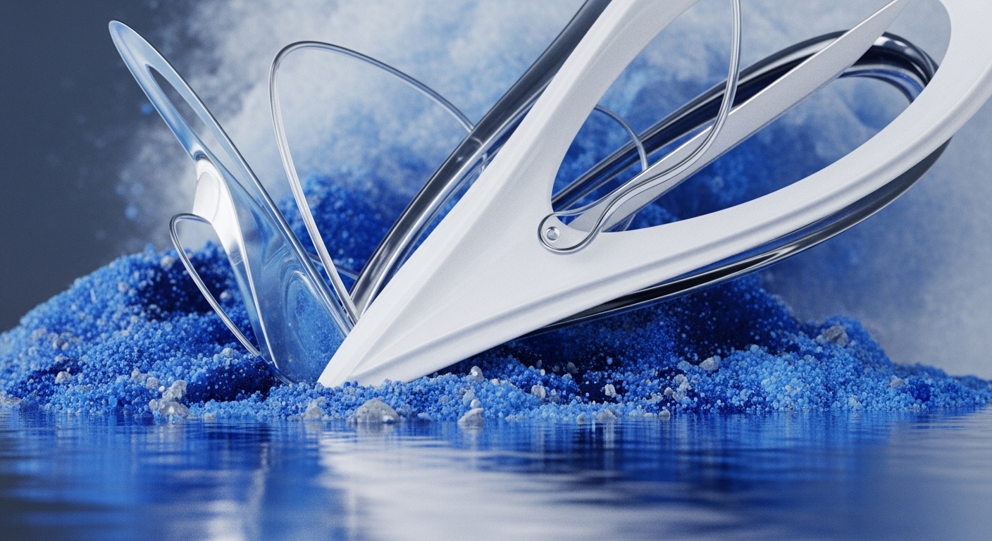 Abstract, sleek white and transparent metallic structures dynamically interact with a vibrant blue granular substrate, creating a splash effect and reflecting on a rippled, deep blue liquid surface. The background features a subtle mist, enhancing the futuristic and impactful scene