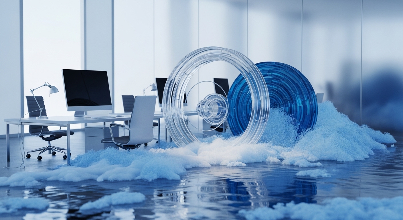A contemporary office space is depicted with its floor partially submerged in reflective water and covered by mounds of white, granular material resembling snow or foam. Dominating the midground are two distinct, large circular forms: one a transparent, multi-layered ring structure, and the other a solid, textured blue disc