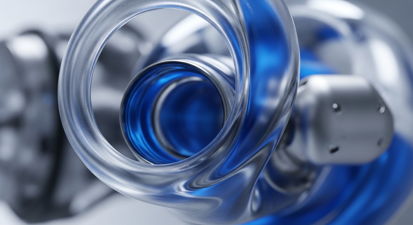 The image displays intricate, reflective silver and translucent blue structures, suggesting a complex, interconnected system. Smooth, metallic forms intertwine with vibrant blue elements, possibly representing liquidity streams or data flow within a decentralized network. The translucent parts highlight underlying blockchain architecture and protocol composability. This visual metaphor illustrates the dynamic interaction of smart contracts and DeFi protocols, emphasizing interoperability and transaction processing. The precise arrangement evokes cryptographic security and the efficient movement of digital assets across a distributed ledger, showcasing network effects in action.