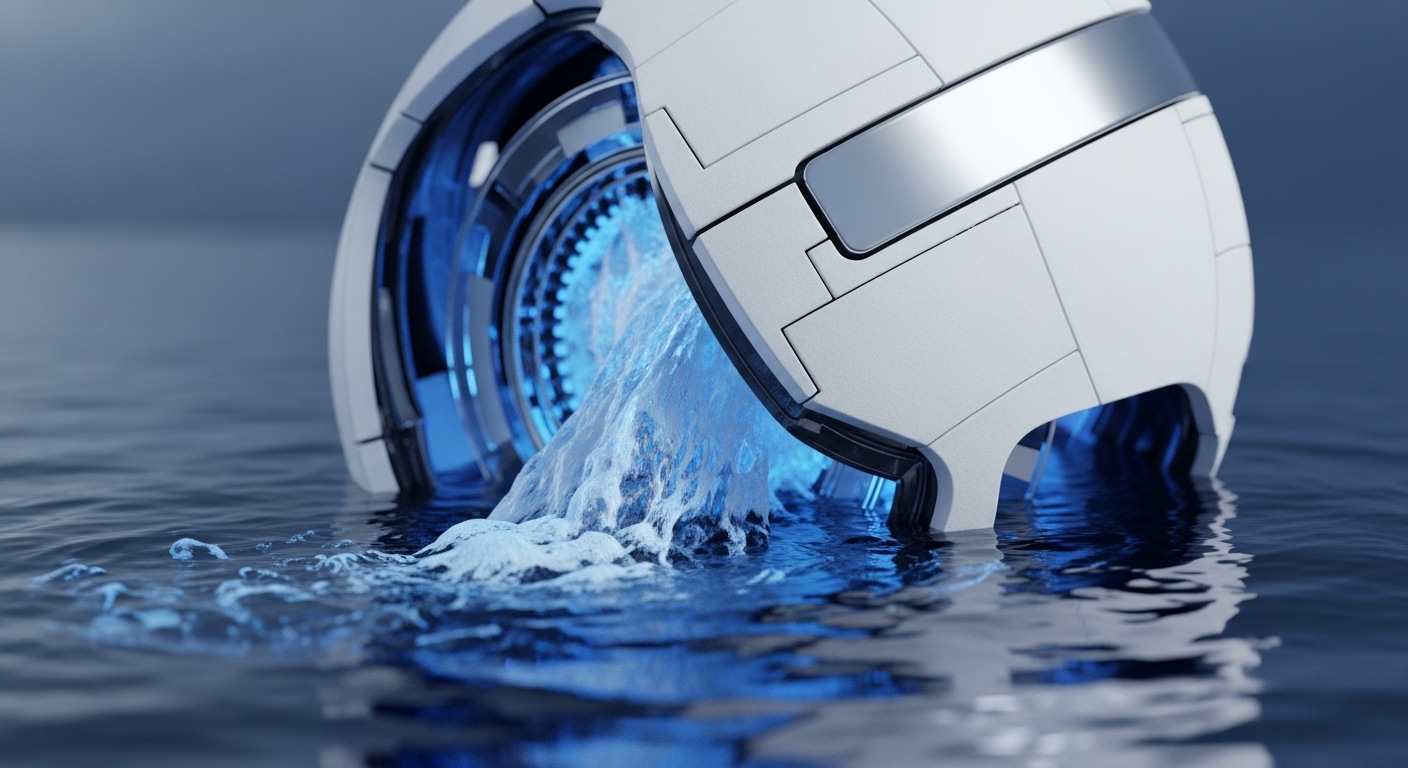 A sleek, white, modular, futuristic device, partially submerged in calm, dark blue water. Its illuminated interior, revealing intricate blue glowing gears and digital components, actively expels a vigorous stream of water, creating significant surface ripples and foam