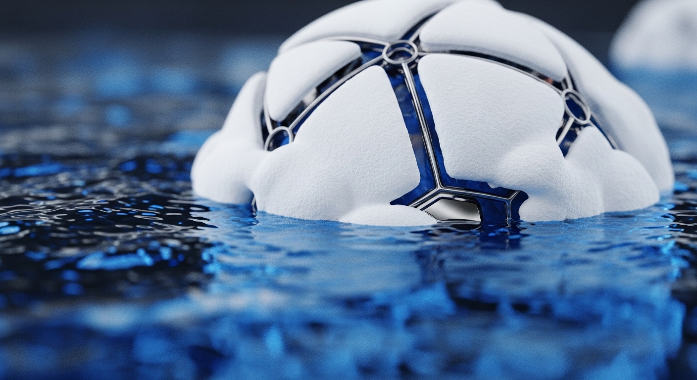 A white and blue football, appearing textured with snow or ice, is partially submerged in deep blue, rippling water. Visible are its distinct geometric panels, some frosted white and others glossy blue, linked by metallic silver lines