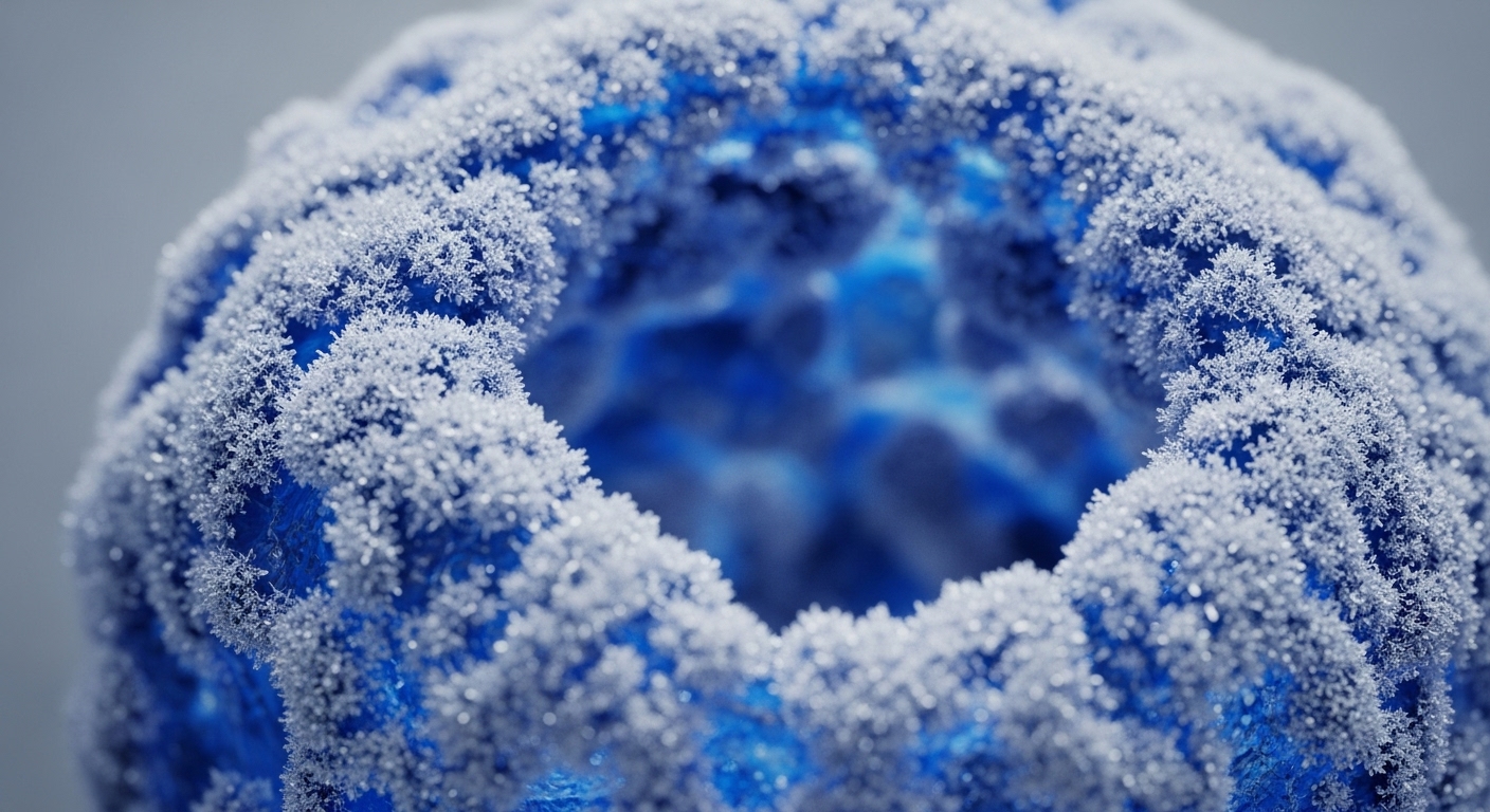 A macro view reveals a vibrant blue, porous structure densely covered in intricate white crystalline formations, resembling delicate snowflakes. This visual metaphorically represents the robust cold storage mechanisms safeguarding digital assets. The crystalline layer signifies cryptographic primitives ensuring data integrity and immutability within a decentralized network. The deep blue interior, slightly out of focus, suggests the underlying blockchain protocol or node architecture, where transaction finality is achieved through complex hashing algorithms and consensus mechanisms, reinforcing digital asset security.