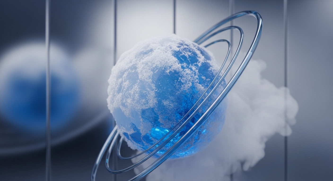 A blue spherical object, partially covered in white textured snow or ice, is centrally positioned. It is surrounded by several translucent, metallic rings and wisps of white smoke or vapor