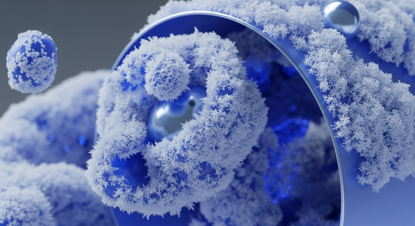 Abstract blue spherical and amorphous forms are intricately covered in white, fractal-like frost, with reflective metallic spheres embedded within their structures. The composition evokes a sense of complex digital growth and interconnectedness