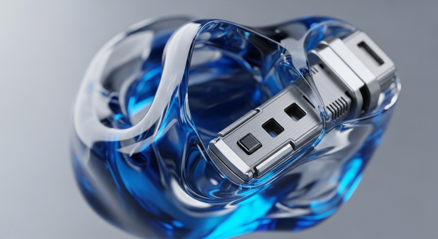 A metallic, silver-toned electronic component, featuring intricate details and connection points, is partially enveloped by a translucent, vibrant blue, fluid-like substance. The substance forms a protective, organic-looking casing around the component, with light reflecting off its glossy surfaces, highlighting its depth and smooth contours against a soft grey background