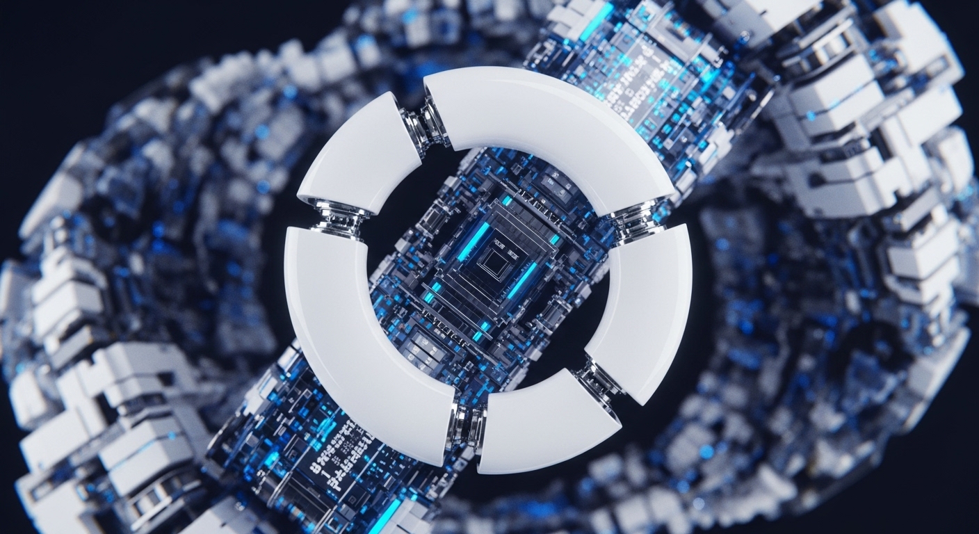 The image displays a sophisticated technological structure featuring a prominent central white segmented ring encompassing a detailed core of glowing blue circuits and digital information. Surrounding this central hub, an intricate series of interconnected white and grey modular blocks extends, creating a continuous, chain-like form against a dark background