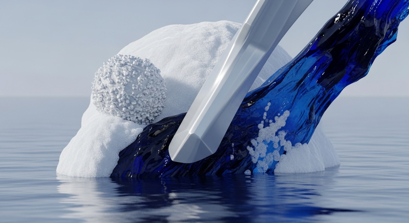 A snow-covered mass, resembling an iceberg, floats in serene blue water, hosting a textured white sphere and interacting with a metallic, faceted object. From this interaction, a vivid blue liquid cascades into the water, creating white splashes