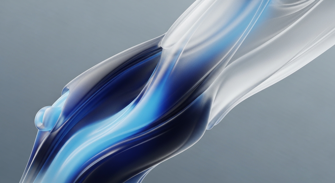 An abstract composition displays translucent white and deep indigo forms intricately intertwined, enveloping a bright, flowing cyan core. A small, clear spherical element rests on the left, interacting with the blue streams