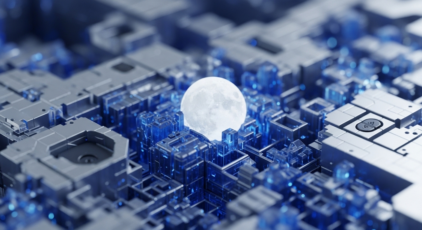 The image displays an intricate digital landscape composed of metallic gray and glowing blue crystalline structures, with a prominent full moon-like sphere at its center. This futuristic architecture evokes a sophisticated computing environment, emphasizing interconnectedness and data flow