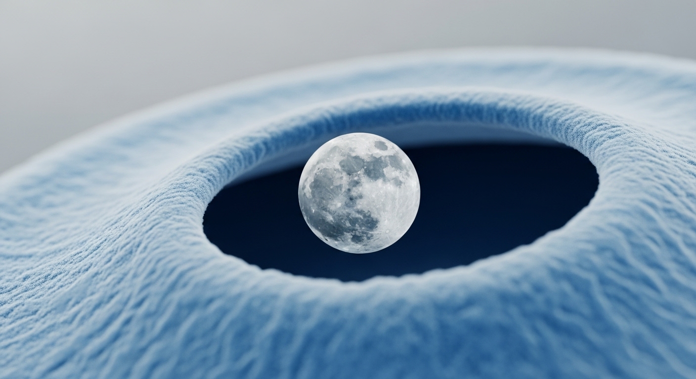 A detailed, close-up view shows a light blue, textured surface forming a deep, circular indentation. A spherical object resembling a full moon floats centrally above this void, symbolizing a digital asset experiencing significant price action or 'mooning' within the DeFi landscape