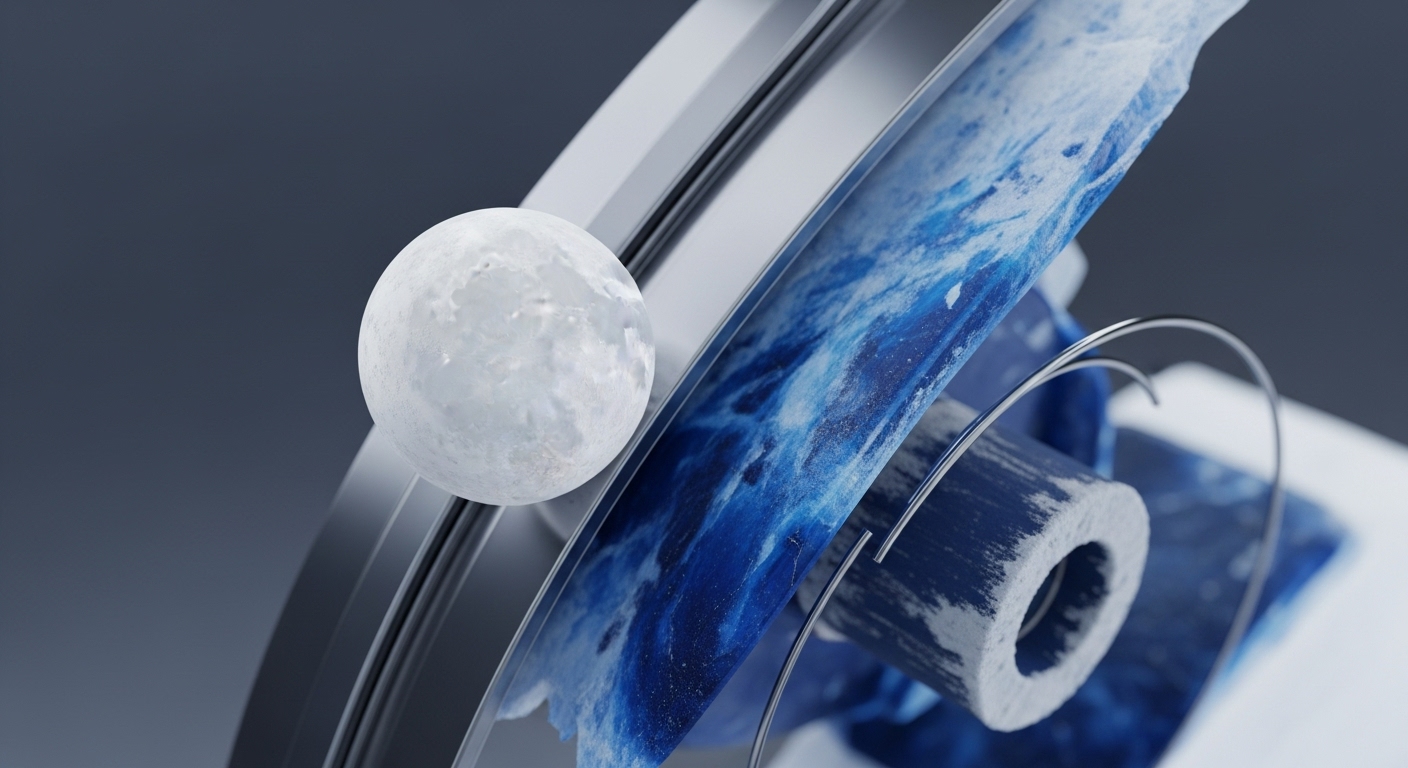 The image displays a textured white sphere positioned on a metallic curved track, with a flowing blue and white textured surface behind it. A hollow, textured blue cylinder and thin metallic wires are also visible, set against a dark grey background