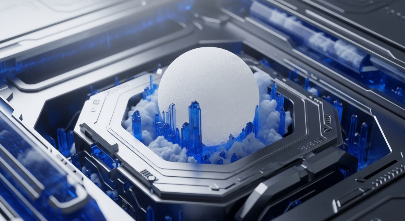 The image features a central, textured white sphere encompassed by an array of vibrant blue crystalline structures, all set within an intricate, metallic hexagonal framework. This complex visual represents the core elements of a sophisticated blockchain ecosystem, where the central sphere could symbolize a foundational digital asset or a unique non-fungible token NFT residing within a distributed ledger