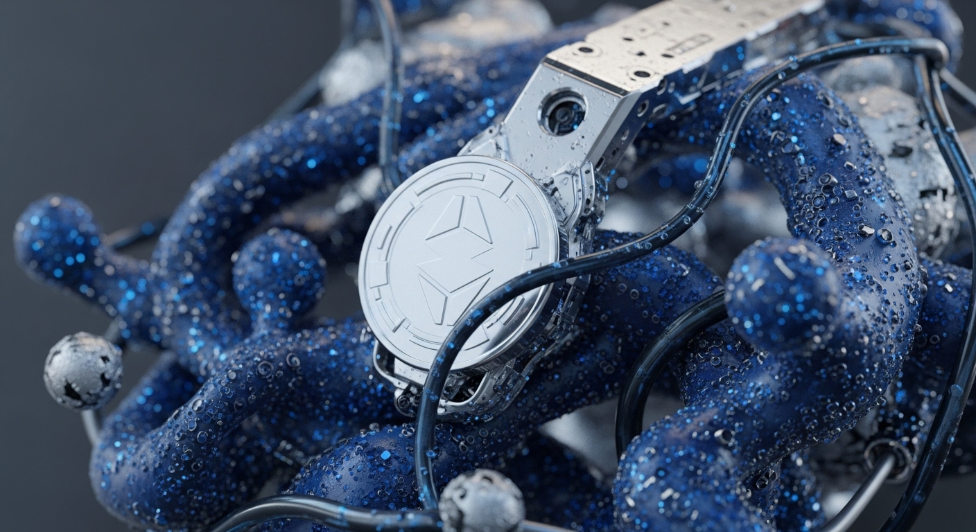A gleaming silver digital asset token, embossed with a prominent geometric emblem, is securely positioned by a sophisticated metallic mechanism. This central element is enveloped by a dynamic array of deep blue, intertwined tubular structures, exhibiting varied textures from granular glitter to intricate water droplets