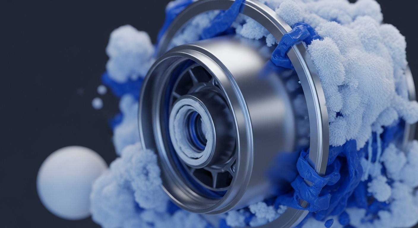 A highly detailed render showcases a central metallic cylindrical object, intricately designed with internal spokes. This core component is partially enveloped by a dynamic blue liquid-like substance and a textured white granular material, resembling frost or accumulated particles