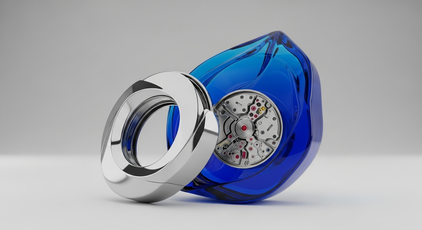 A polished silver toroidal structure rests alongside a sculpted, translucent sapphire-blue form, revealing an intricate mechanical watch movement. This composition visually interprets a cryptographic primitive securing complex smart contract execution within a transparent decentralized ledger technology DLT environment. The visible gears and jewels signify precise protocol logic and the underlying tokenomics driving on-chain governance mechanisms, emphasizing verifiable operations.