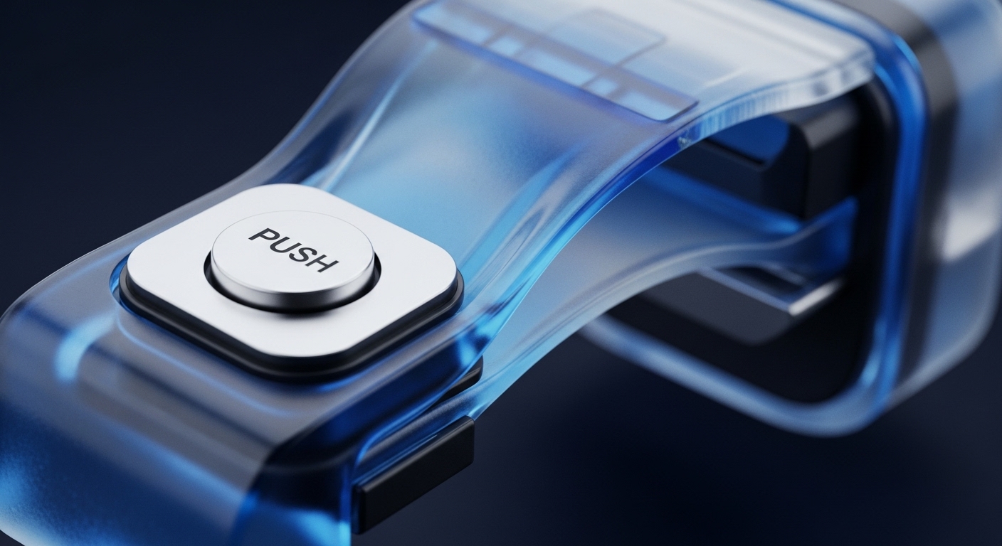 A close-up perspective showcases a futuristic device, primarily composed of translucent blue material, featuring a central silver button labeled 'PUSH' set within a rectangular silver base. The device's sleek design and visible internal structures highlight its advanced engineering