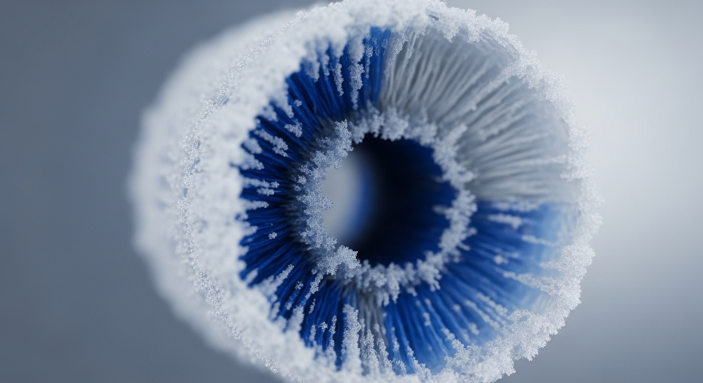 A detailed macro photograph captures a circular brush head, featuring blue and white bristles, entirely covered in a delicate layer of frost crystals. The intricate icy formation highlights the texture and structure of the bristles, creating a visually striking pattern around a central opening