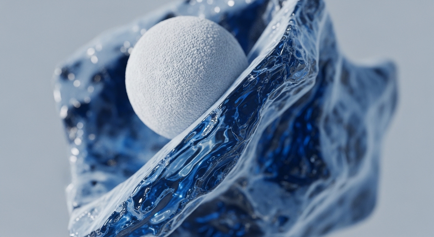 A white, textured sphere rests within a dynamic, translucent blue, fluid-like structure, set against a light grey background. The blue form exhibits complex ripples and varying opacities, appearing to cradle the sphere